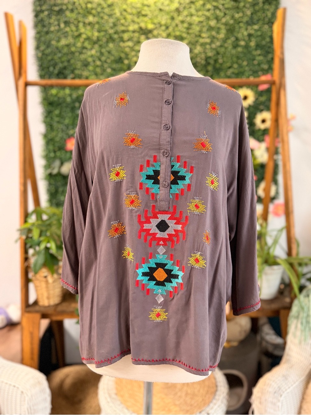 Embroidered Charcoal Gray Boho Tunic with Multicolor Geometric Accents